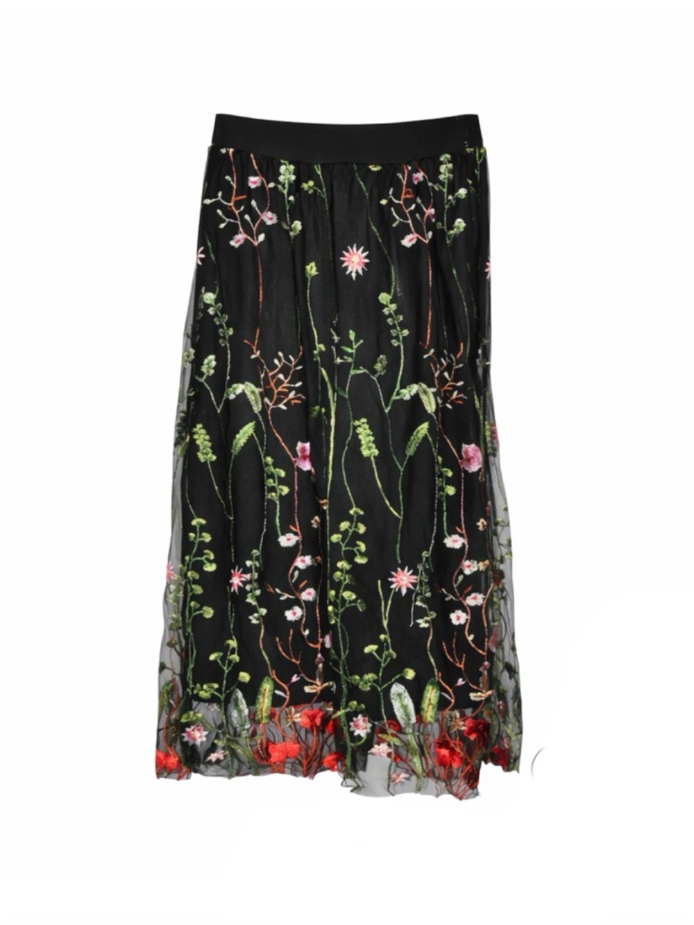 Beautiful Floral Embroidered Overlay Black Maxi Skirt - Size 10